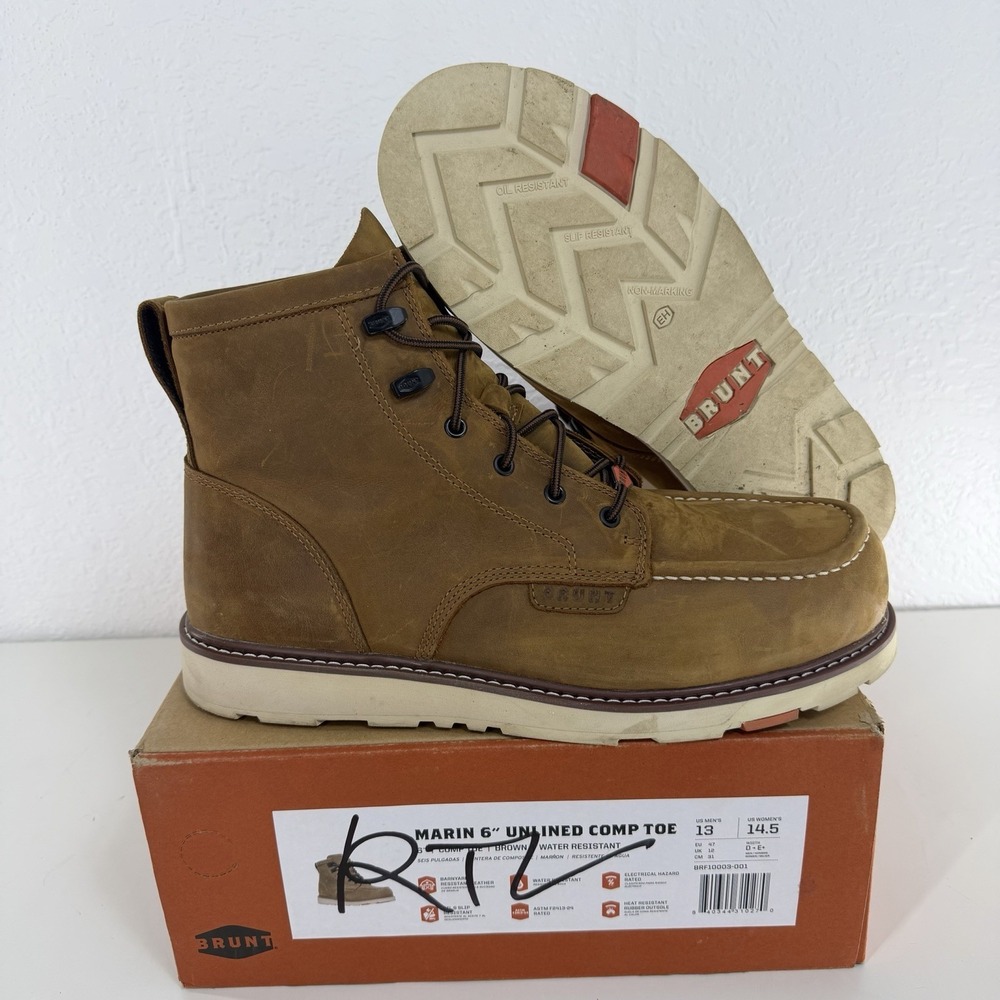 BRUNT Men Size 13 Marin Unlined Comp Toe WorkBoot Brown Water Slip Resist w/Mark
